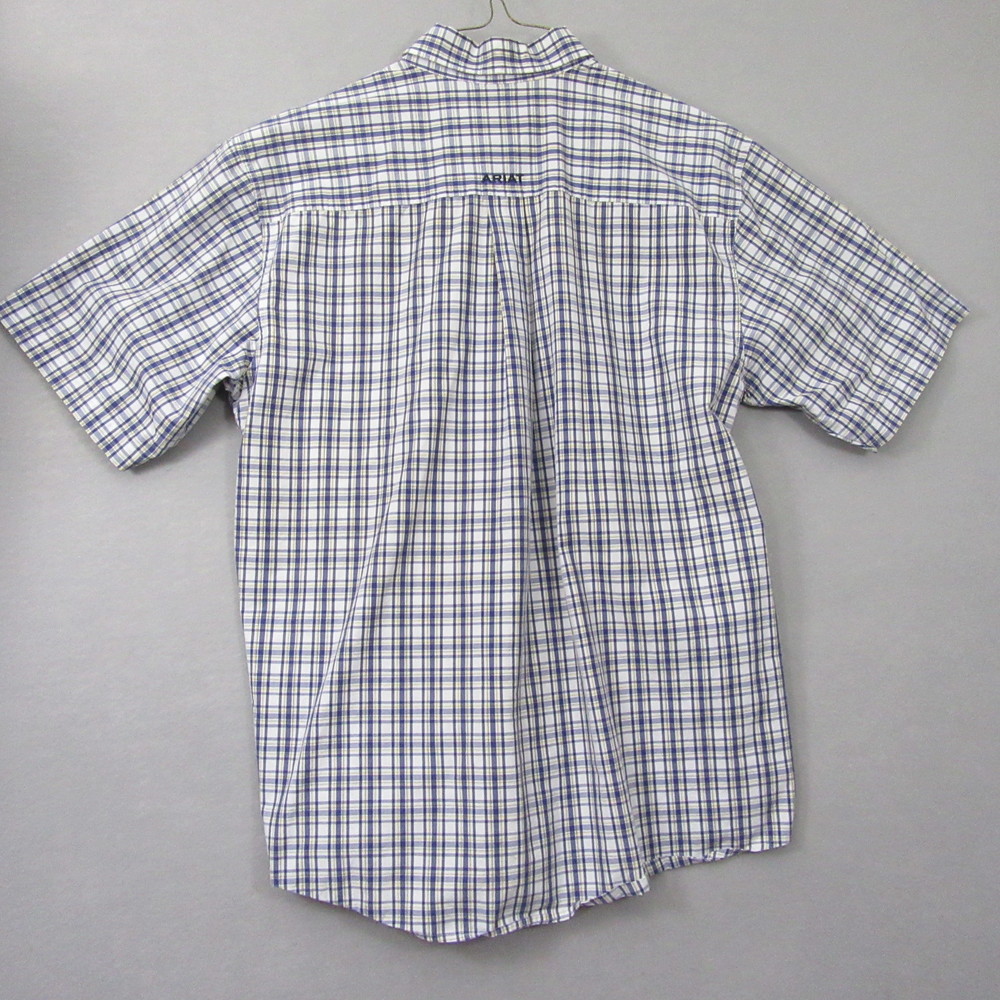 Ariat Pro Short Sleeve Button Down Shirt L Blue Yellow Check Pocket Logo - Picture 3 of 7